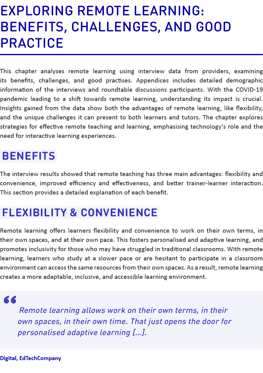 Exploring Remote Learning: Benefits, Challenges, and Good Practice This chapter analyses remote learning using inter...